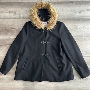 Tommy Hilfiger‎ Womens Wool Toggle Walker Pea Coat Size L Faux Fur Hood Preppy
